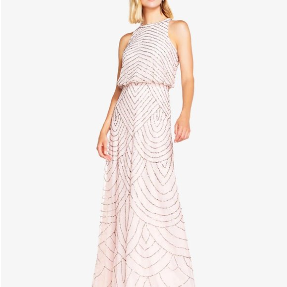 NWT Adrianna Pappel Art Deco Beaded Blouson Dress with Halter Neckline, 12P